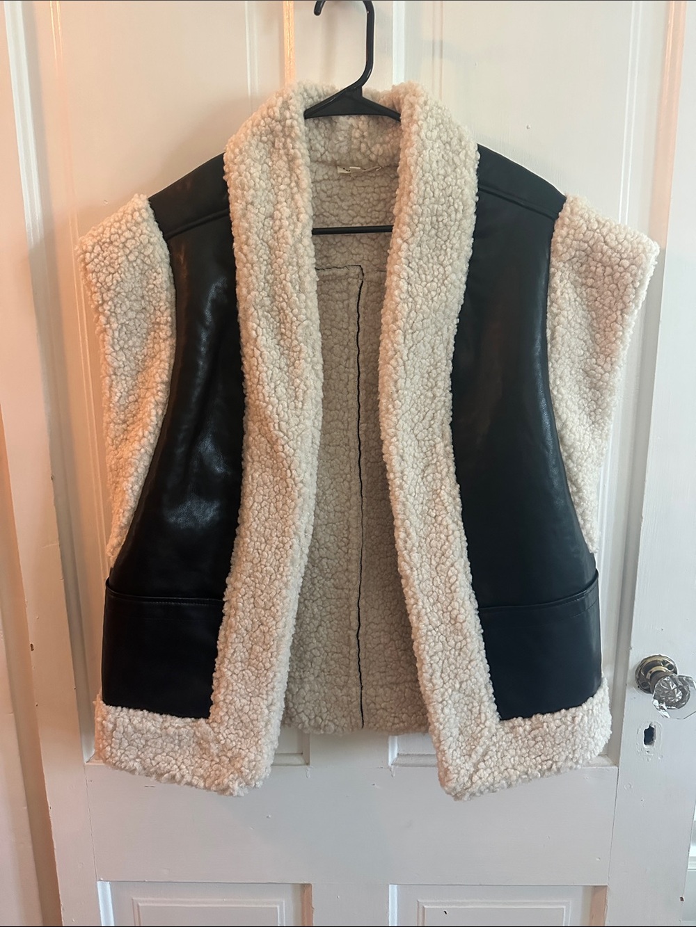 Sherpa-Lined Faux Leather Vest in Cream and Black